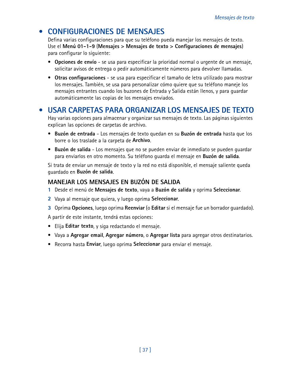 Configuraciones de mensajes, Usar carpetas para organizar los mensajes de texto | Nokia 2270 User Manual | Page 142 / 201