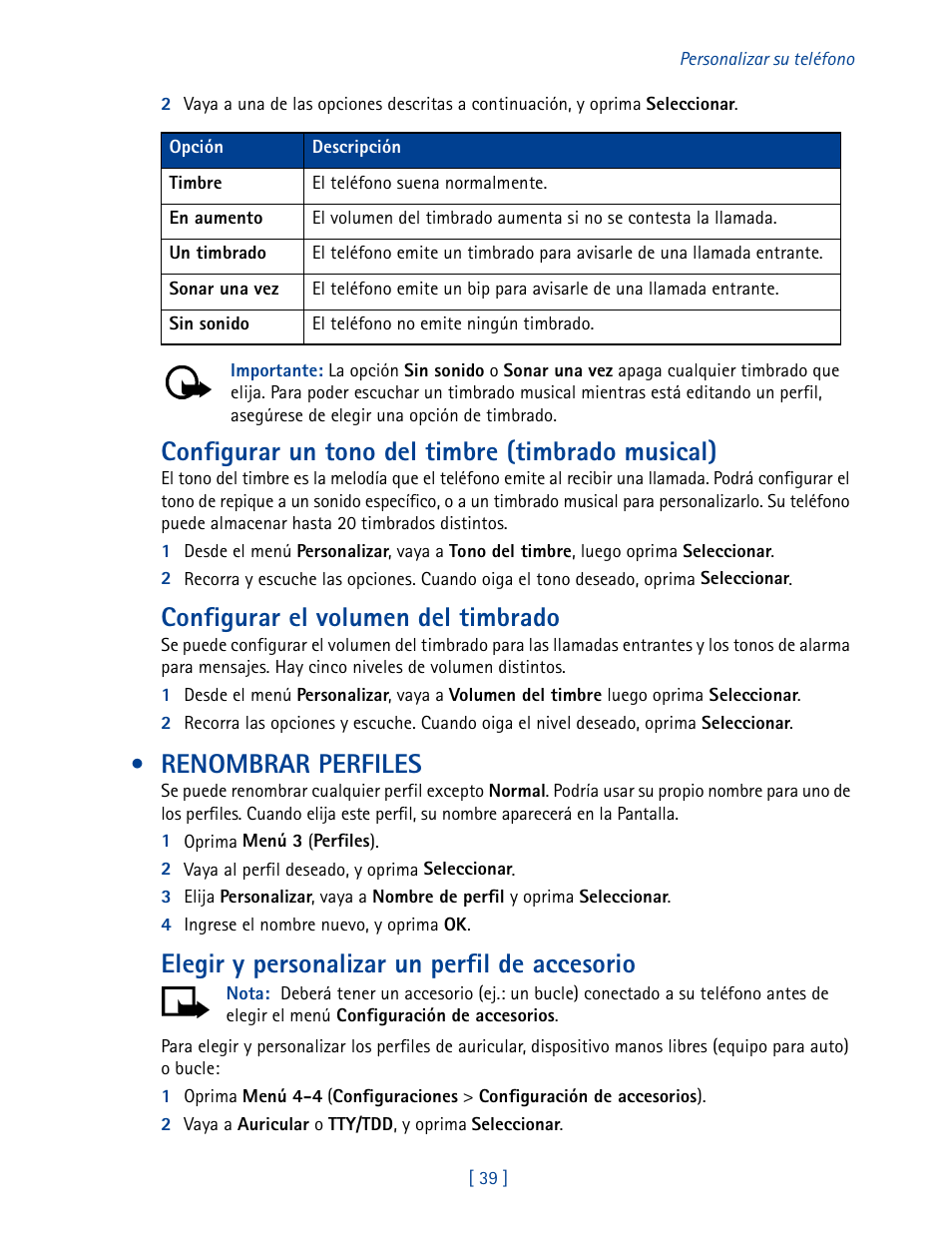 Renombrar perfiles, Configurar un tono del timbre (timbrado musical), Configurar el volumen del timbrado | Elegir y personalizar un perfil de accesorio | Nokia 2270 User Manual | Page 144 / 201