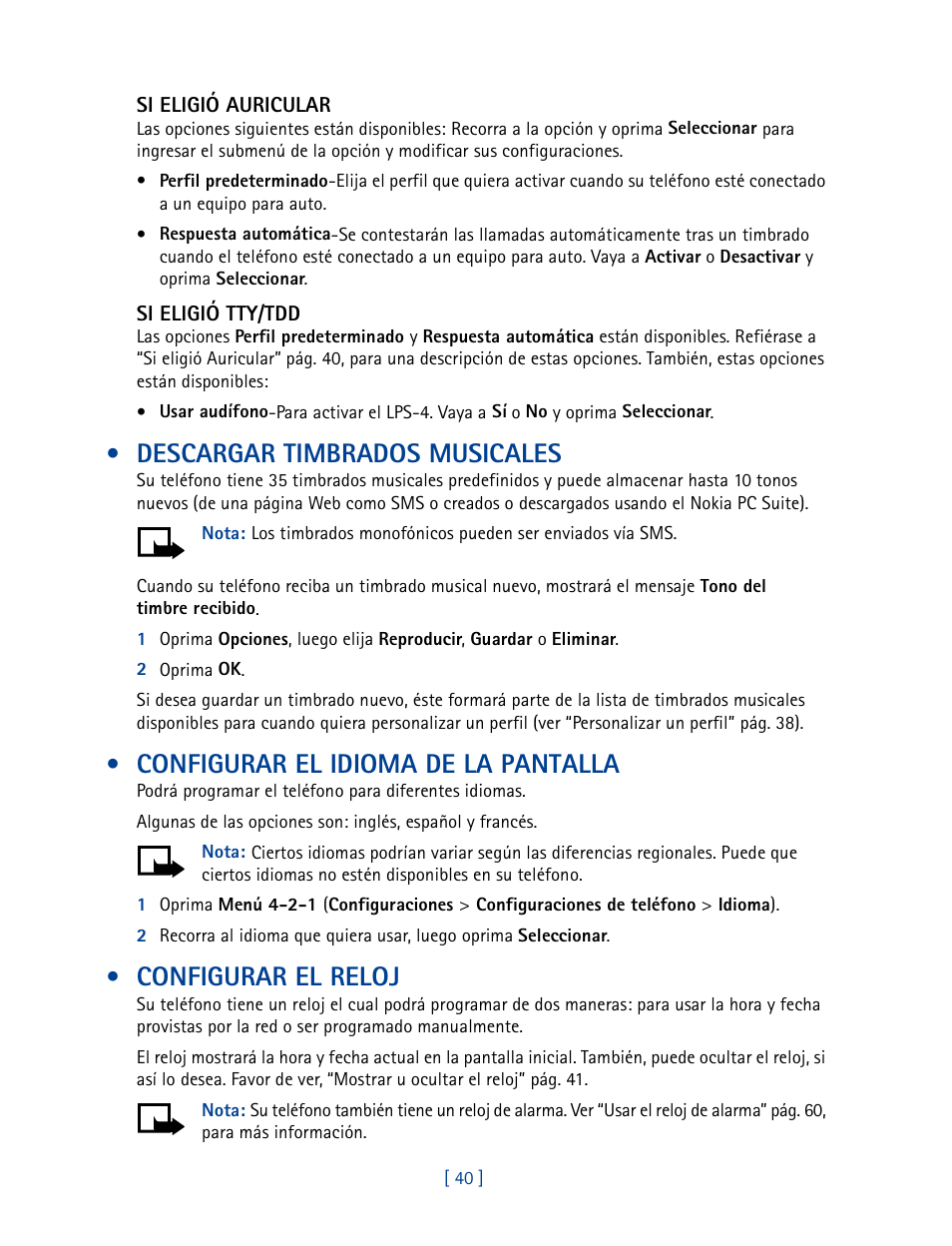 Descargar timbrados musicales, Configurar el idioma de la pantalla, Configurar el reloj | Nokia 2270 User Manual | Page 145 / 201