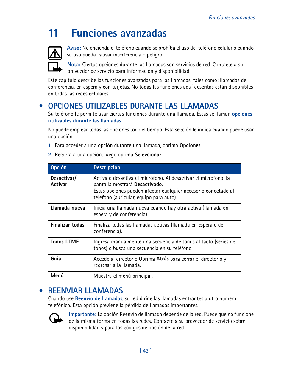 11 funciones avanzadas, Opciones utilizables durante las llamadas, Reenviar llamadas | Nokia 2270 User Manual | Page 148 / 201