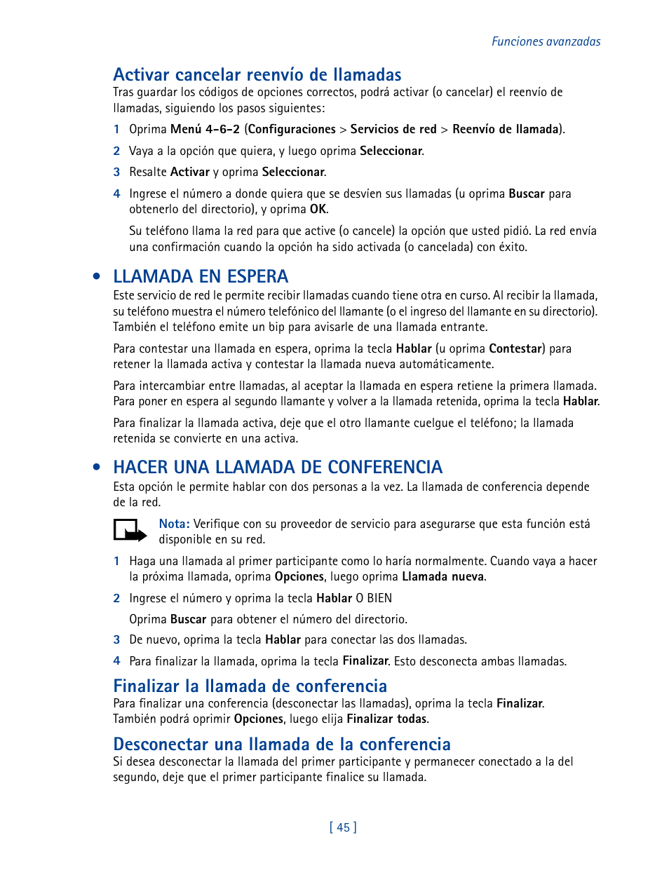 Llamada en espera, Hacer una llamada de conferencia, Activar cancelar reenvío de llamadas | Finalizar la llamada de conferencia, Desconectar una llamada de la conferencia | Nokia 2270 User Manual | Page 150 / 201