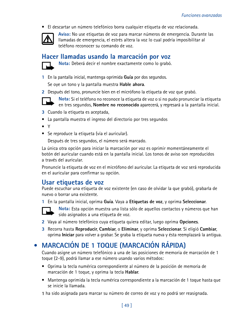 Marcación de 1 toque (marcación rápida), Hacer llamadas usando la marcación por voz, Usar etiquetas de voz | Nokia 2270 User Manual | Page 154 / 201