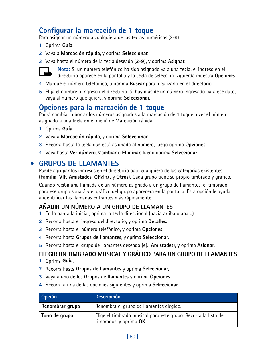 Grupos de llamantes, Configurar la marcación de 1 toque, Opciones para la marcación de 1 toque | Nokia 2270 User Manual | Page 155 / 201