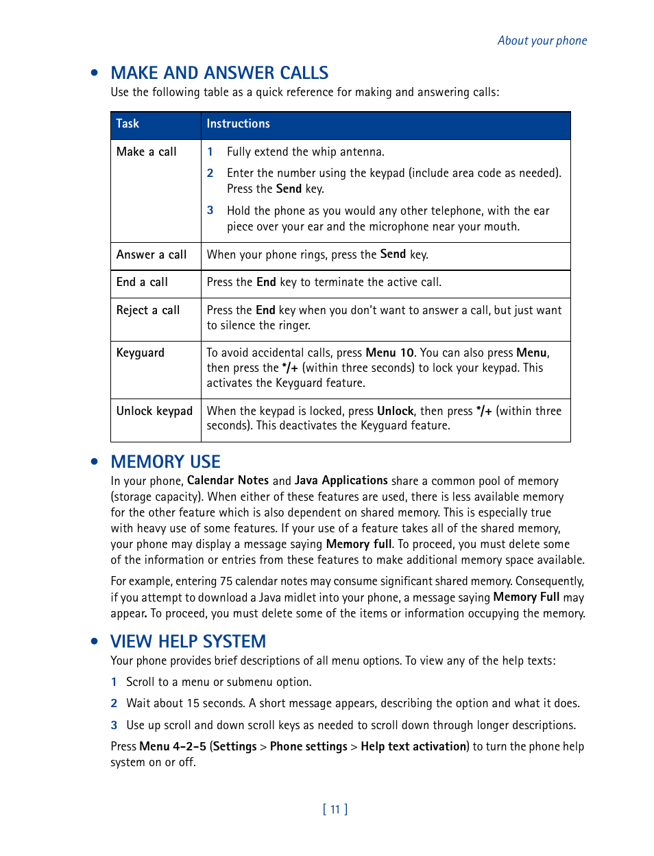 Make and answer calls, Memory use, View help system | Nokia 2270 User Manual | Page 16 / 201