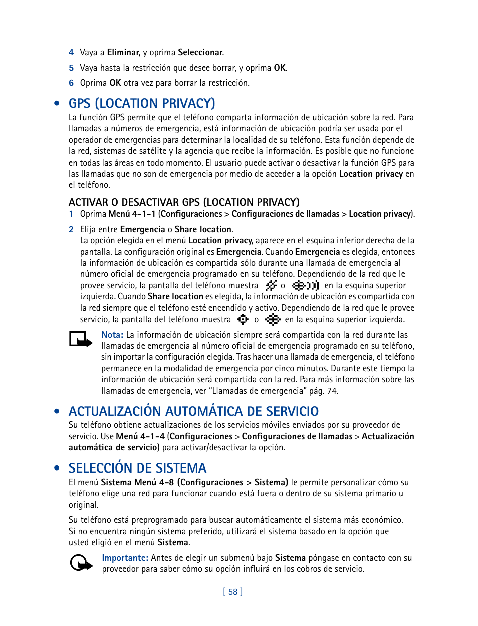 Gps (location privacy), Actualización automática de servicio, Selección de sistema | Nokia 2270 User Manual | Page 163 / 201