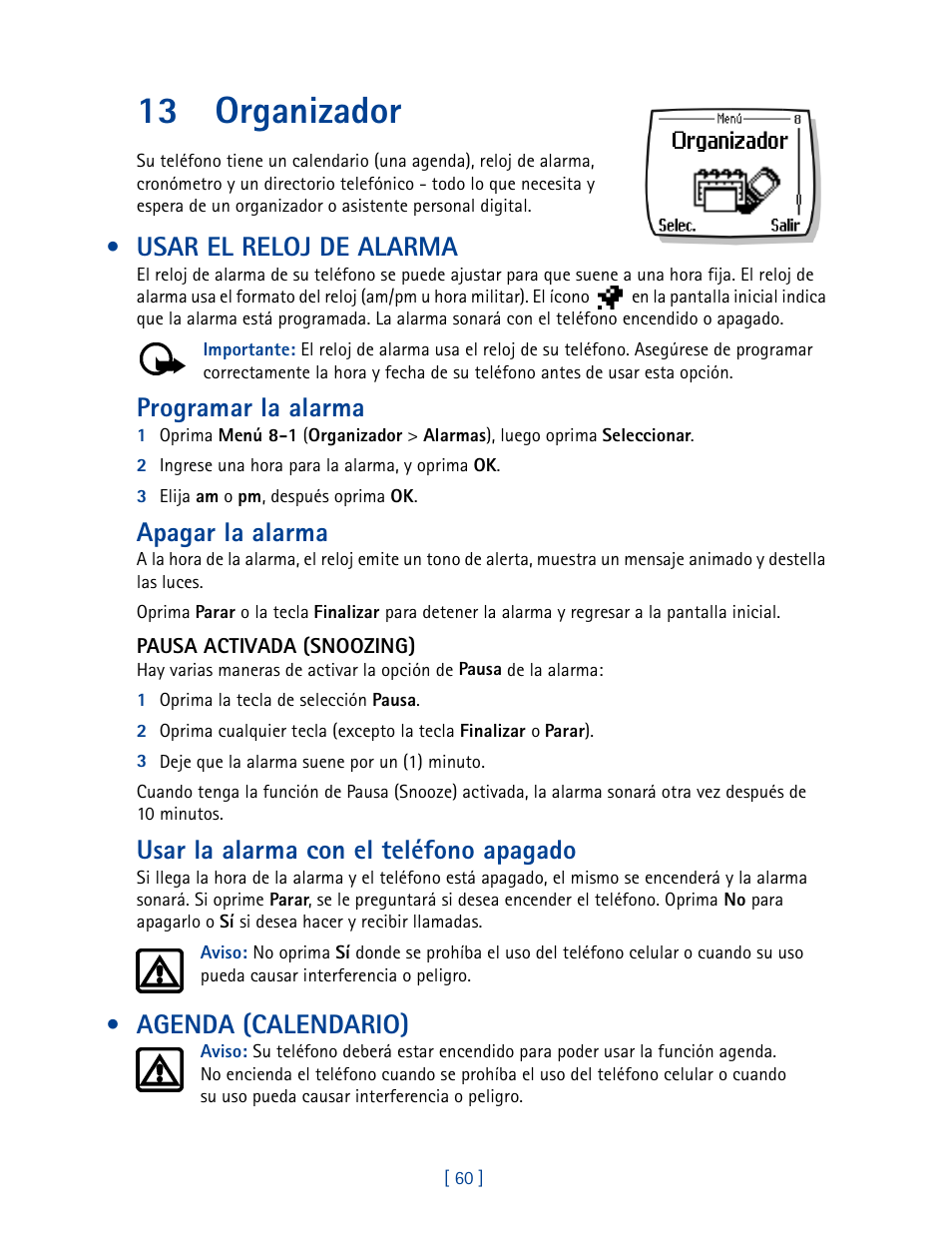 13 organizador, Usar el reloj de alarma, Agenda (calendario) | Ma. ver “usar el reloj de alarma” pág. 60, Programar la alarma, Apagar la alarma, Usar la alarma con el teléfono apagado | Nokia 2270 User Manual | Page 165 / 201