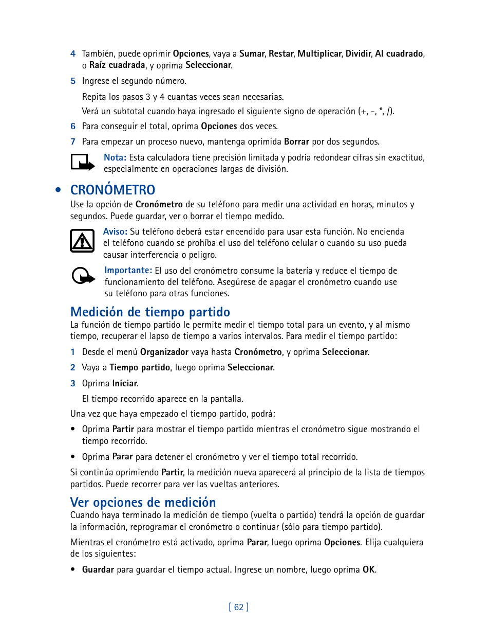 Cronómetro, Medición de tiempo partido, Ver opciones de medición | Nokia 2270 User Manual | Page 167 / 201