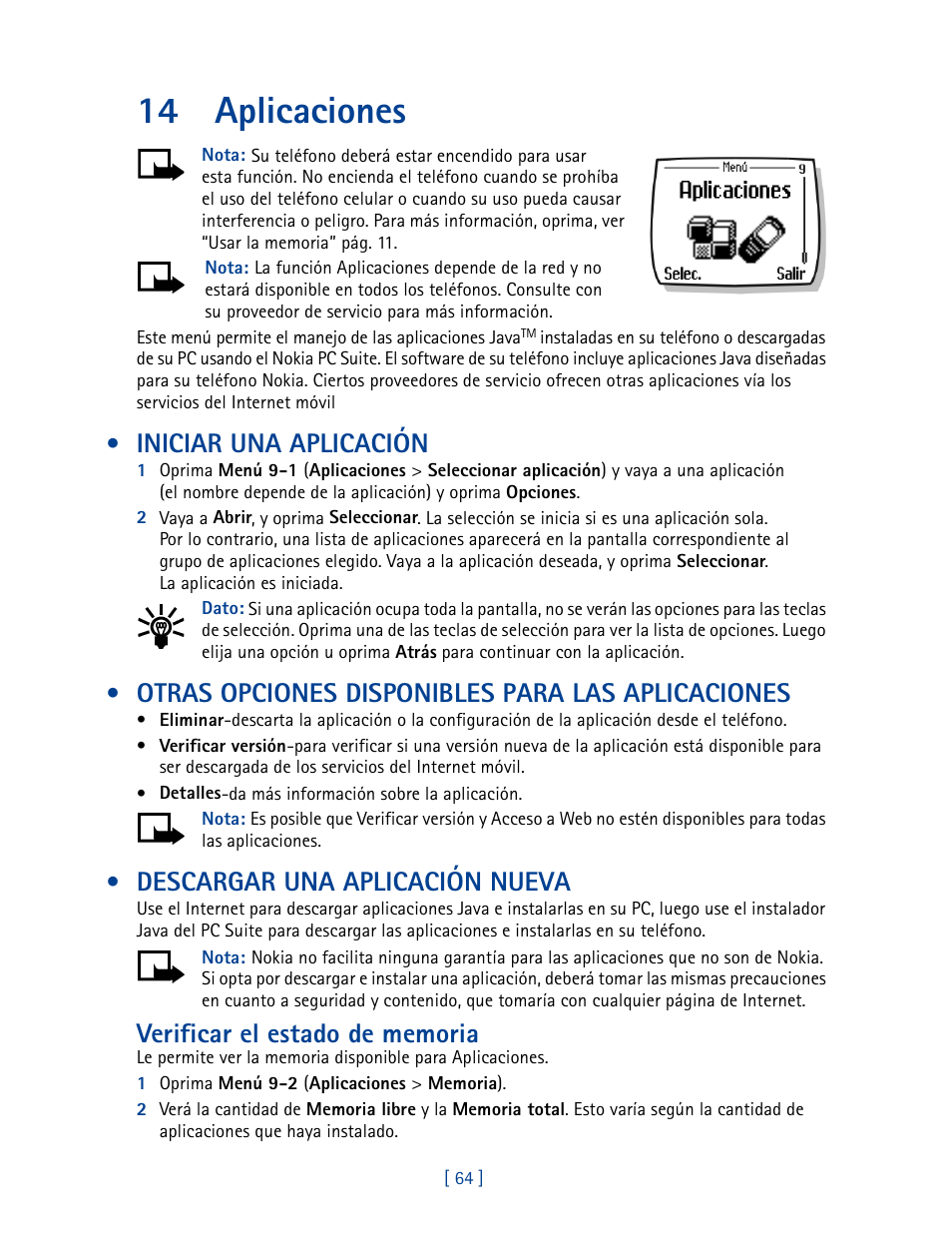 14 aplicaciones, Iniciar una aplicación, Otras opciones disponibles para las aplicaciones | Descargar una aplicación nueva | Nokia 2270 User Manual | Page 169 / 201