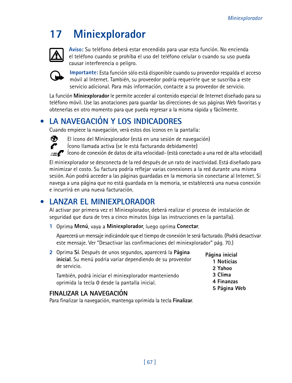 17 miniexplorador, La navegación y los indicadores, Lanzar el miniexplorador | Nokia 2270 User Manual | Page 172 / 201