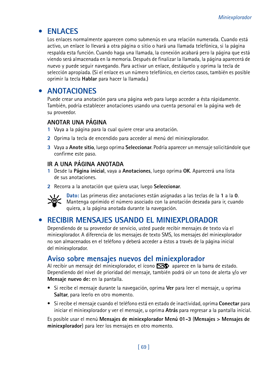 Enlaces, Anotaciones, Recibir mensajes usando el miniexplorador | Aviso sobre mensajes nuevos del miniexplorador | Nokia 2270 User Manual | Page 174 / 201