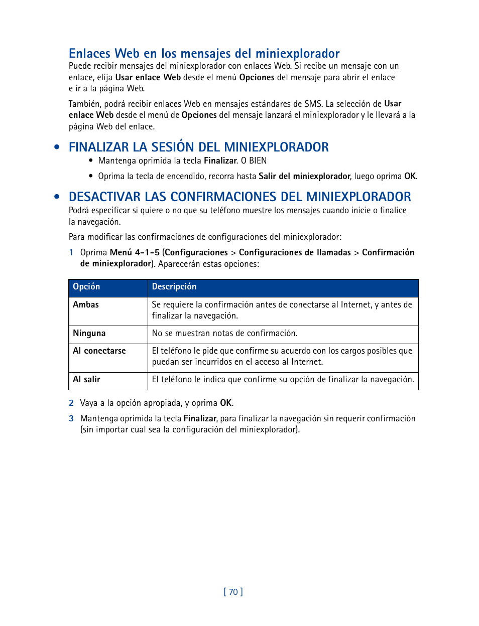 Finalizar la sesión del miniexplorador, Desactivar las confirmaciones del miniexplorador, Enlaces web en los mensajes del miniexplorador | Nokia 2270 User Manual | Page 175 / 201