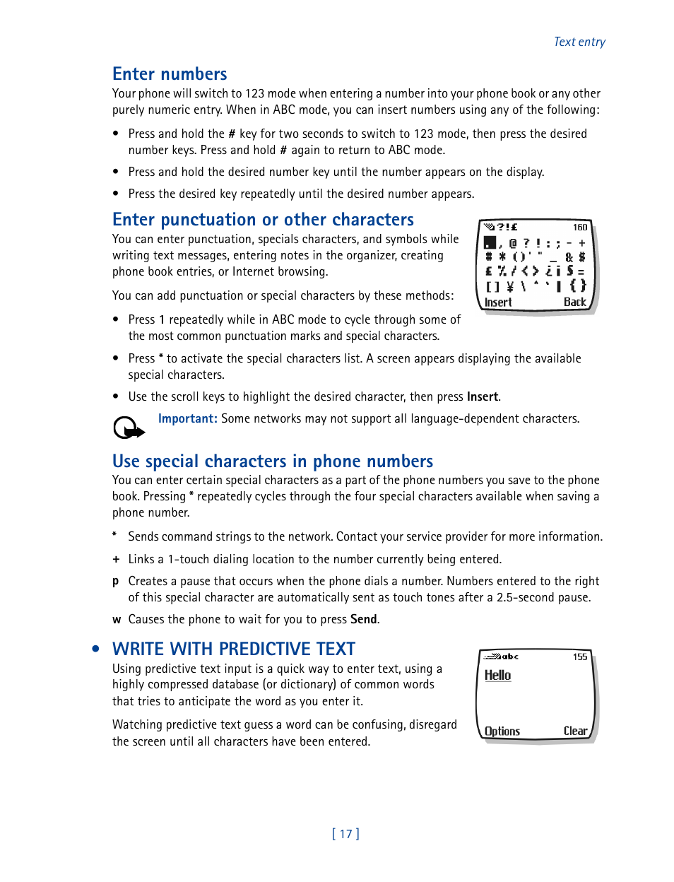 Write with predictive text, Enter numbers, Enter punctuation or other characters | Use special characters in phone numbers | Nokia 2270 User Manual | Page 22 / 201