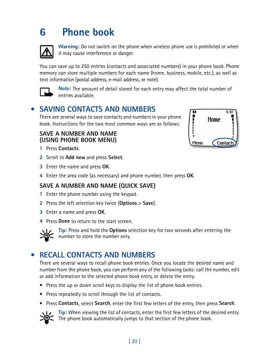 6 phone book, Saving contacts and numbers, Recall contacts and numbers | 6phone book | Nokia 2270 User Manual | Page 25 / 201