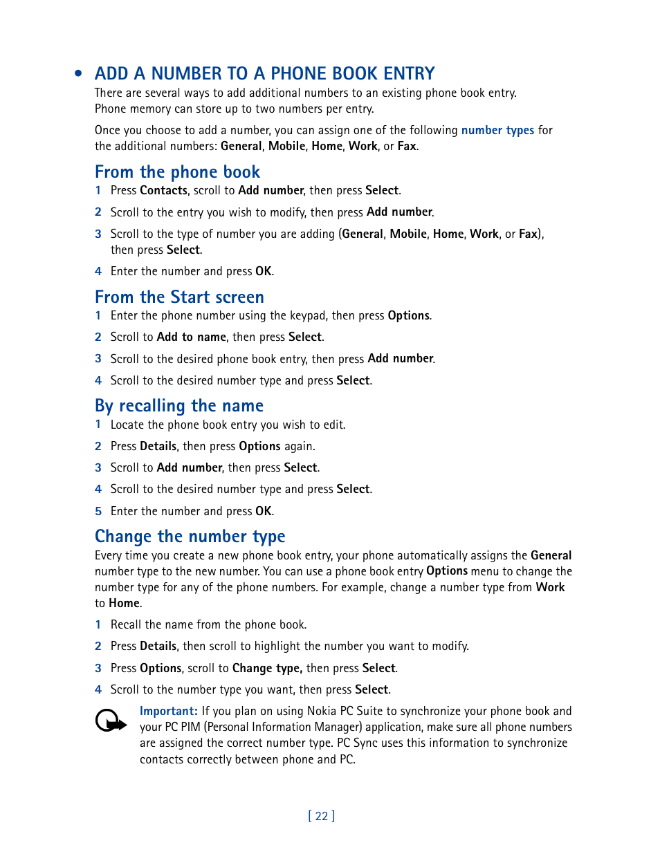 Add a number to a phone book entry, By recalling the name, Change the number type | Nokia 2270 User Manual | Page 27 / 201