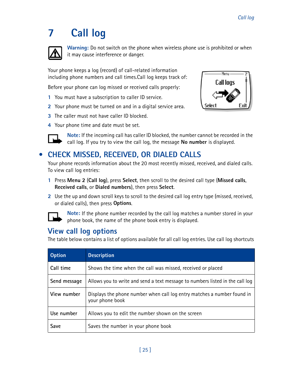 7 call log, Check missed, received, or dialed calls, 7call log | View call log options | Nokia 2270 User Manual | Page 30 / 201