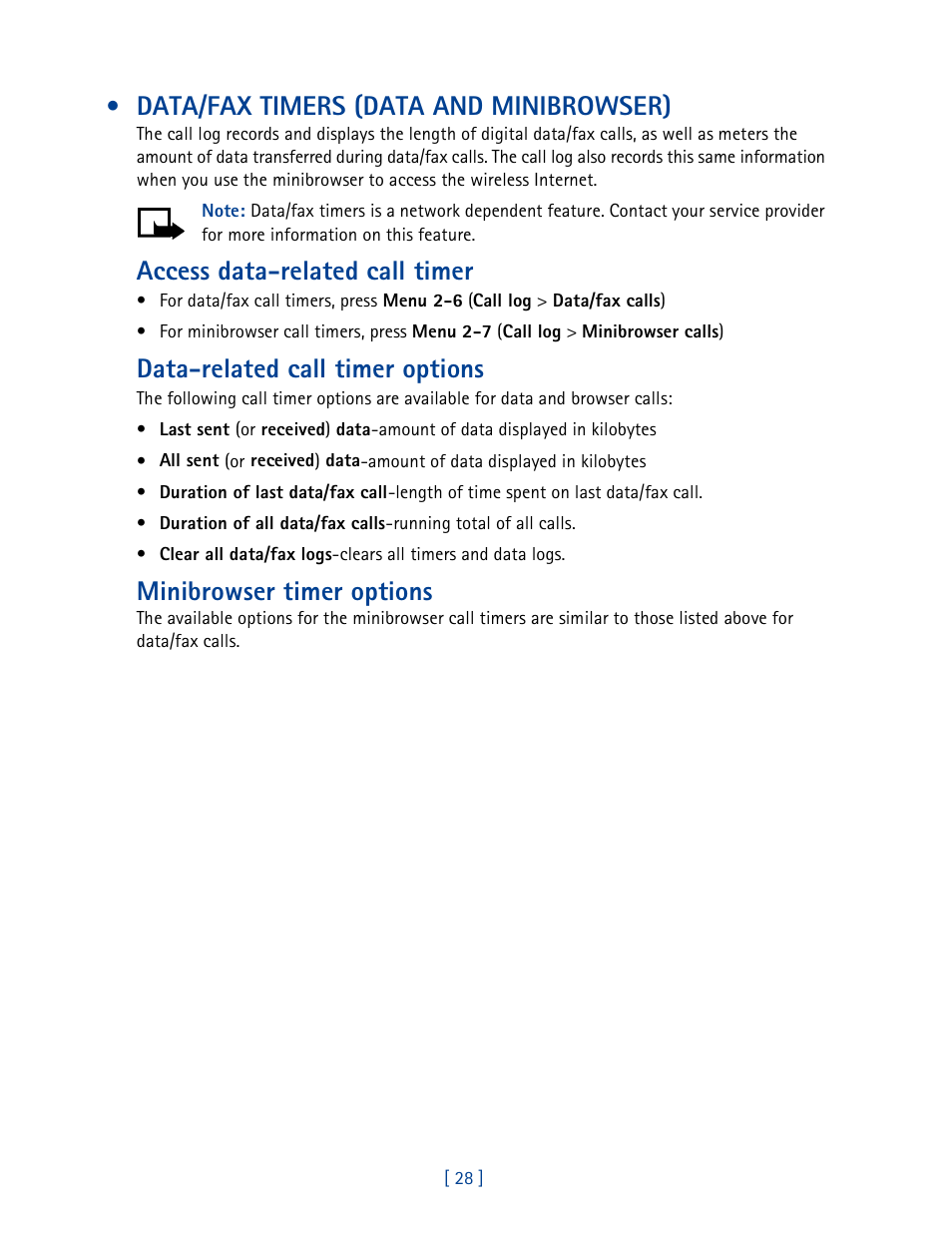 Data/fax timers (data and minibrowser), Access data-related call timer, Data-related call timer options | Minibrowser timer options | Nokia 2270 User Manual | Page 33 / 201