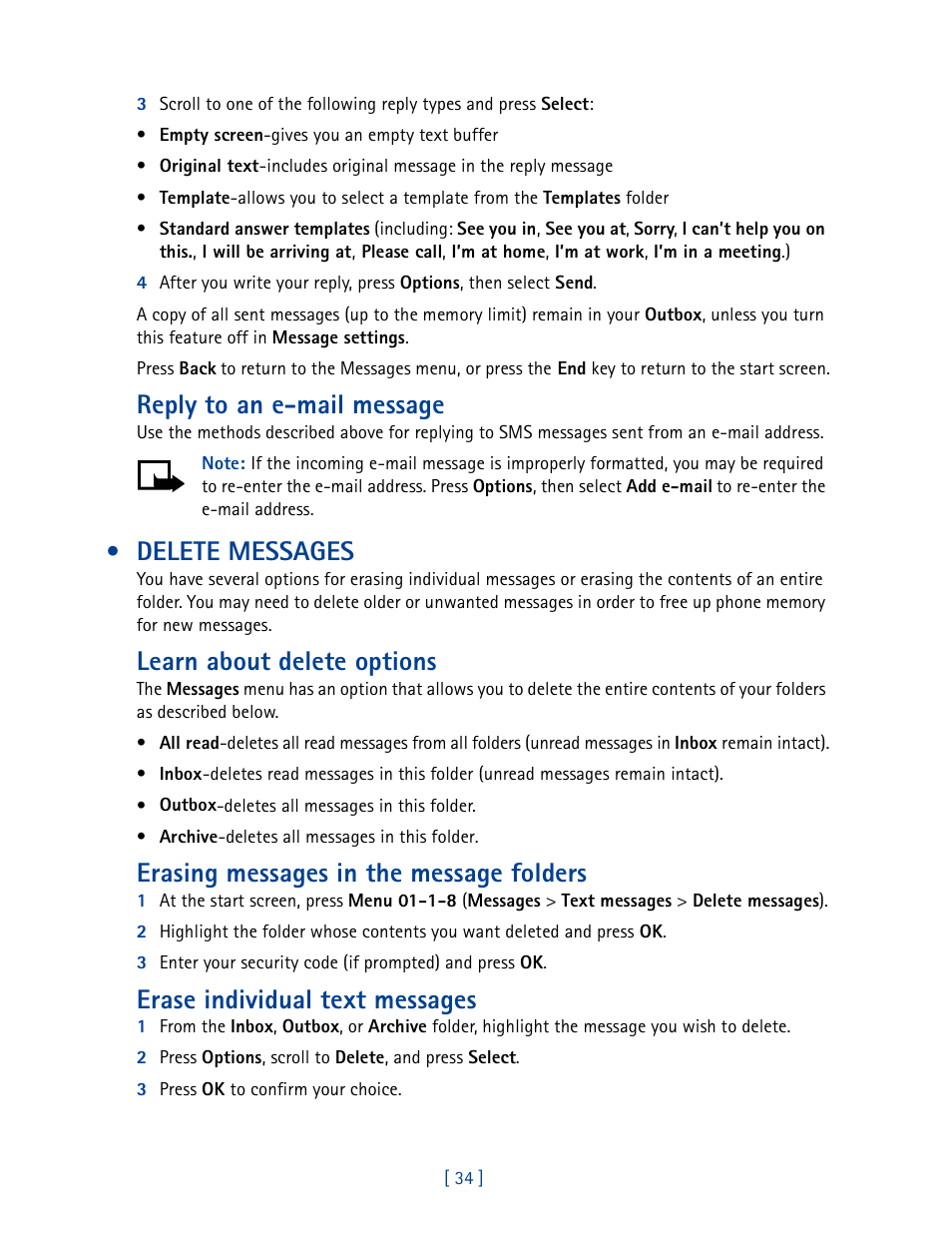 Delete messages, Reply to an e-mail message, Learn about delete options | Erasing messages in the message folders, Erase individual text messages | Nokia 2270 User Manual | Page 39 / 201