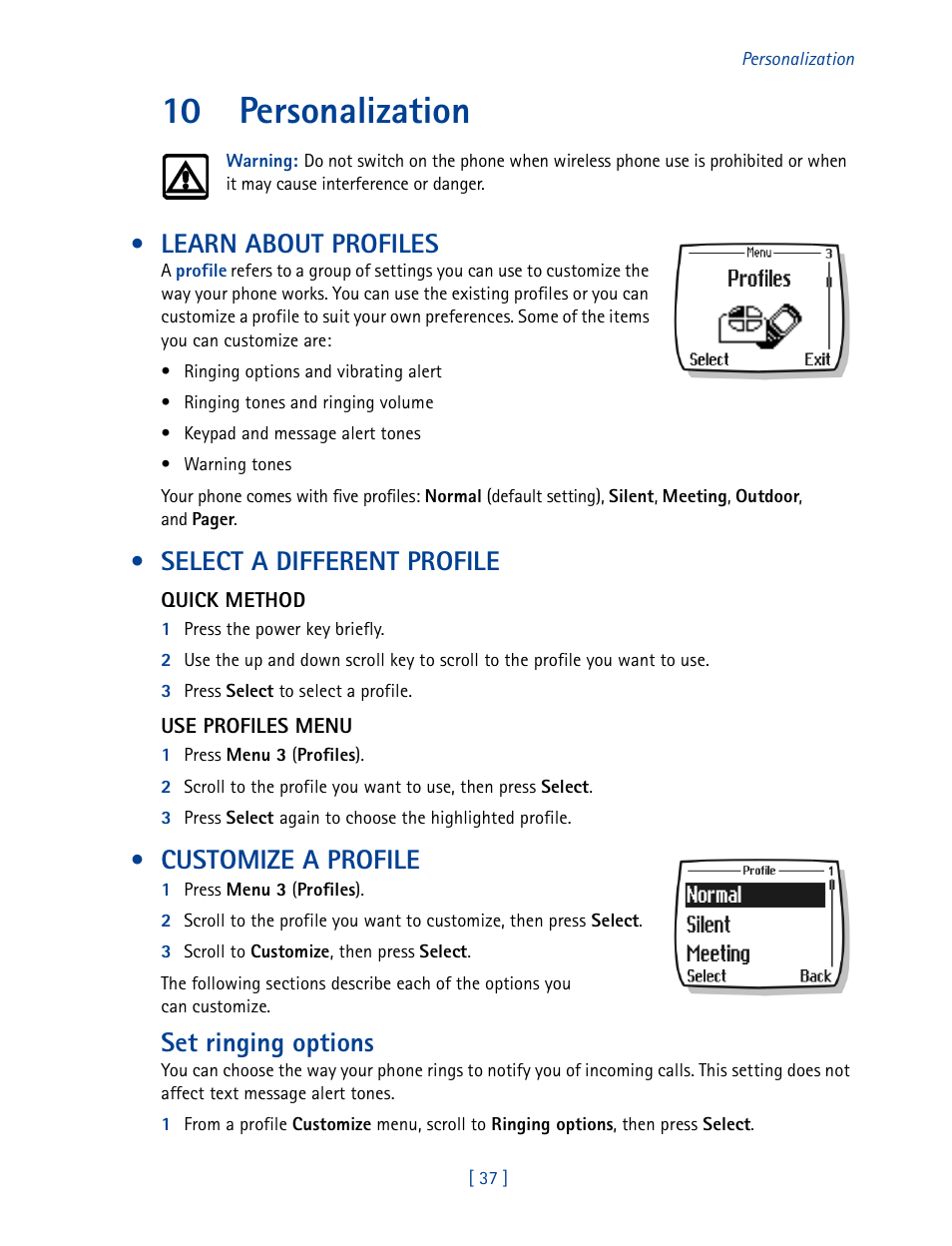 10 personalization, Learn about profiles, Select a different profile | Customize a profile, Set ringing options | Nokia 2270 User Manual | Page 42 / 201