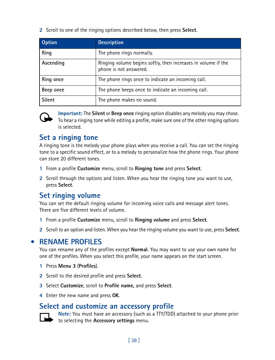 Rename profiles, Set a ringing tone, Set ringing volume | Select and customize an accessory profile | Nokia 2270 User Manual | Page 43 / 201