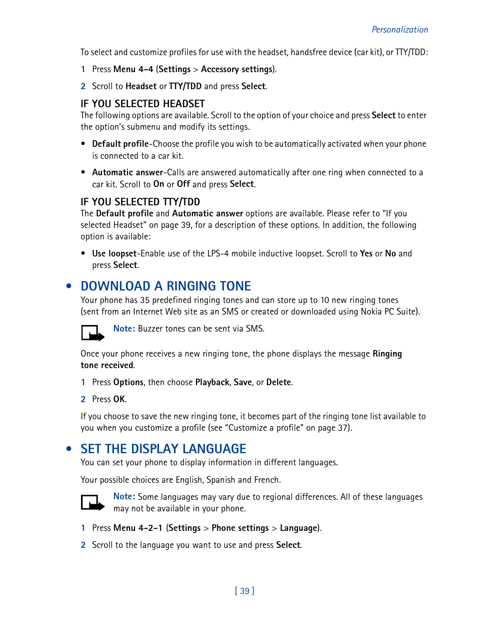 Download a ringing tone, Set the display language | Nokia 2270 User Manual | Page 44 / 201