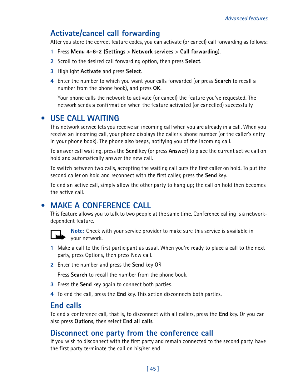 Use call waiting, Make a conference call, Activate/cancel call forwarding | End calls, Disconnect one party from the conference call | Nokia 2270 User Manual | Page 50 / 201