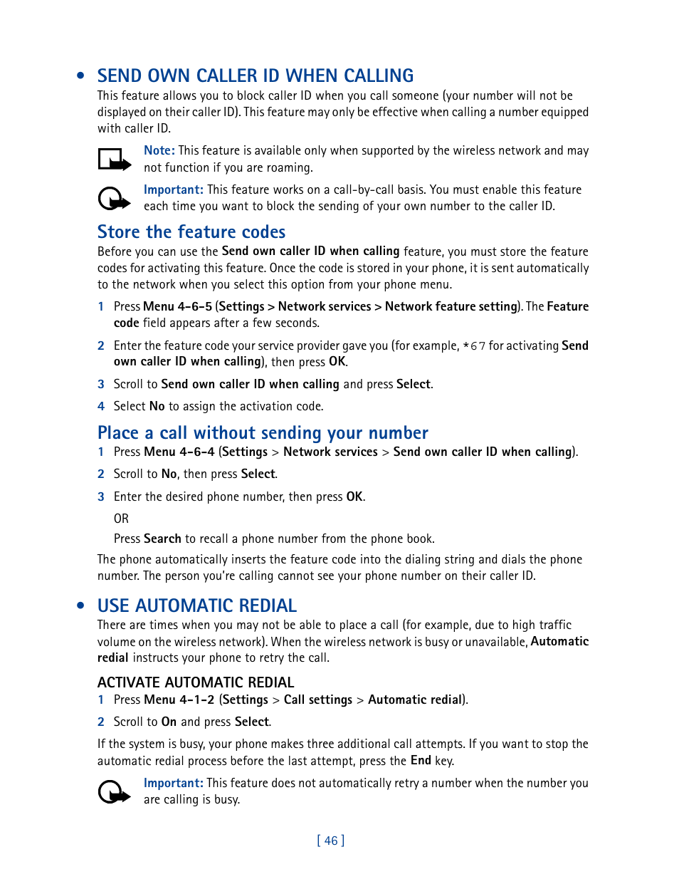 Send own caller id when calling, Use automatic redial, Store the feature codes | Place a call without sending your number | Nokia 2270 User Manual | Page 51 / 201