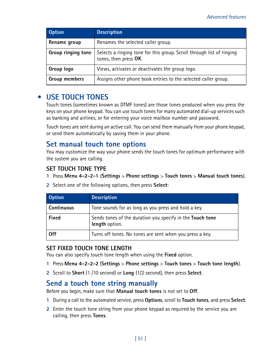 Use touch tones, Set manual touch tone options, Send a touch tone string manually | Nokia 2270 User Manual | Page 56 / 201