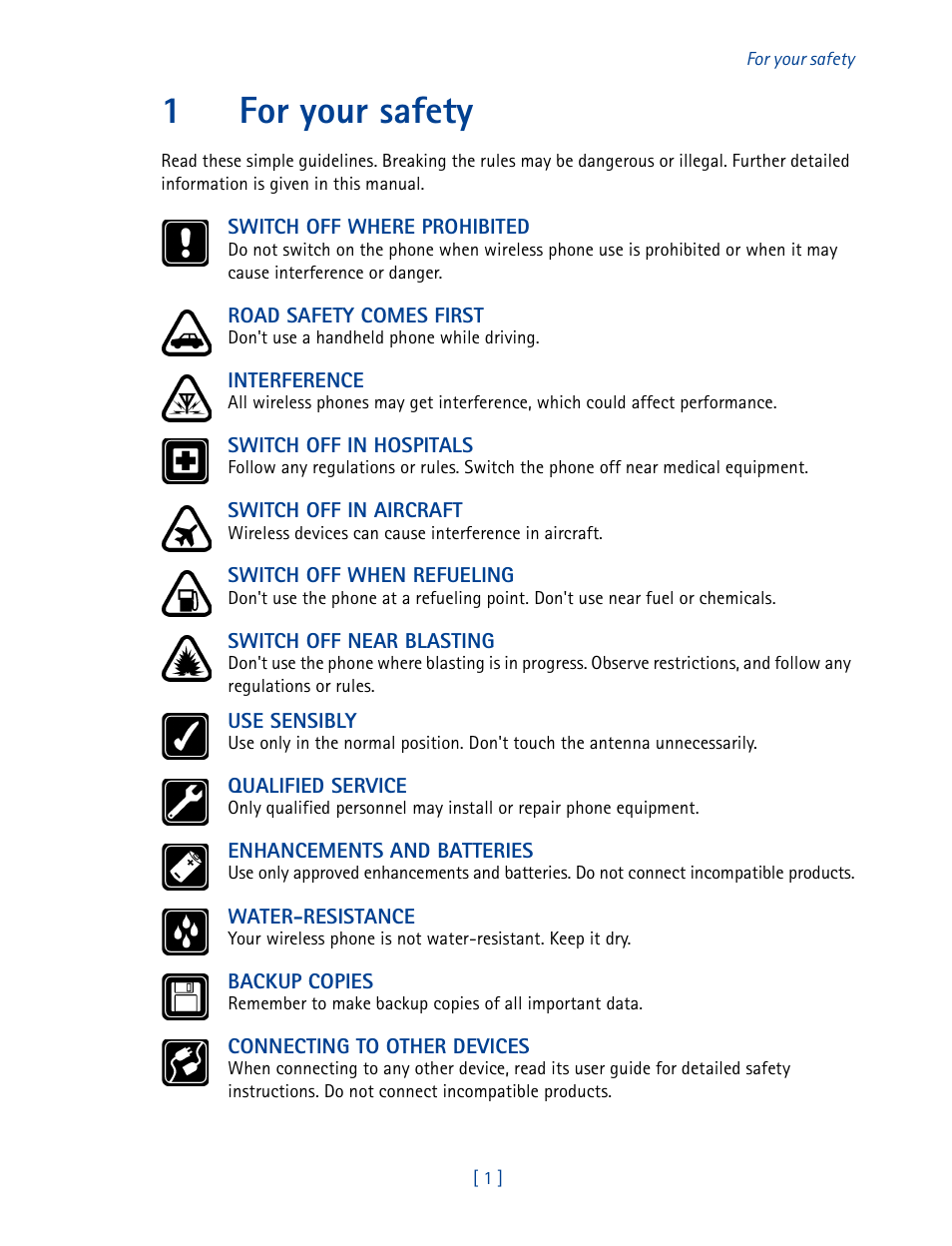 1 for your safety, 1for your safety | Nokia 2270 User Manual | Page 6 / 201