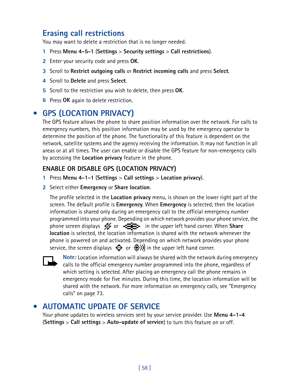 Gps (location privacy), Automatic update of service, Erasing call restrictions | Nokia 2270 User Manual | Page 63 / 201