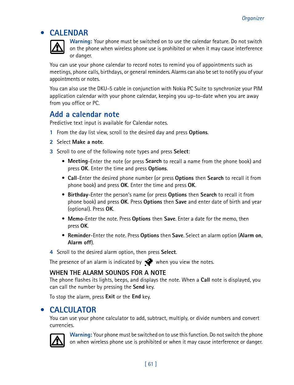 Calendar, Calculator | Nokia 2270 User Manual | Page 66 / 201