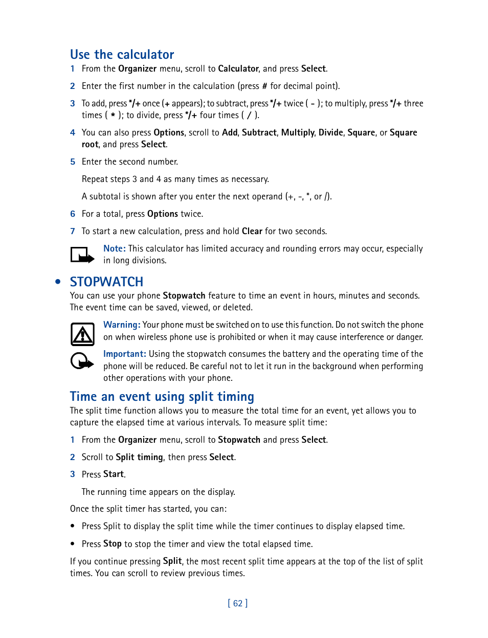 Stopwatch, Use the calculator, Time an event using split timing | Nokia 2270 User Manual | Page 67 / 201