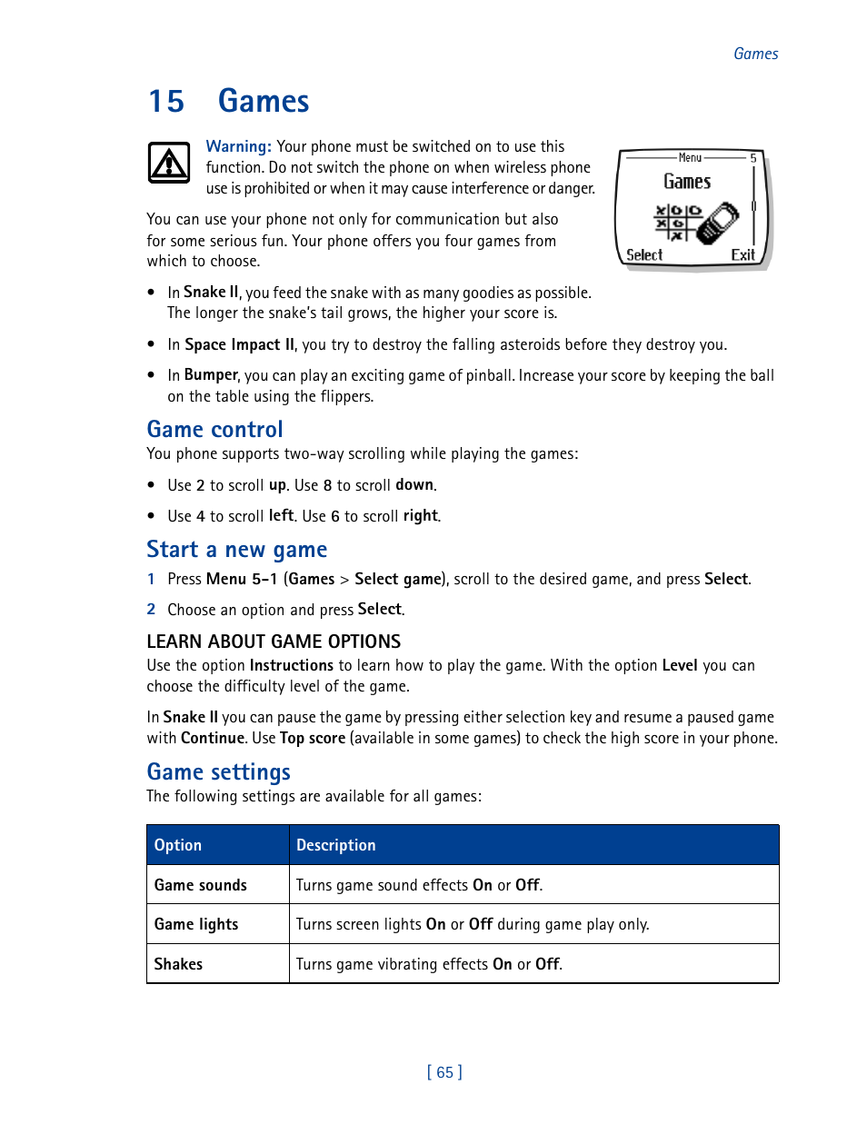 15 games, Game control, Start a new game | Game settings | Nokia 2270 User Manual | Page 70 / 201