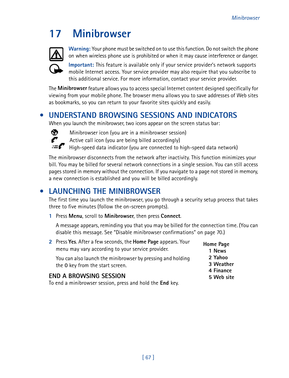 17 minibrowser, Understand browsing sessions and indicators, Launching the minibrowser | Nokia 2270 User Manual | Page 72 / 201