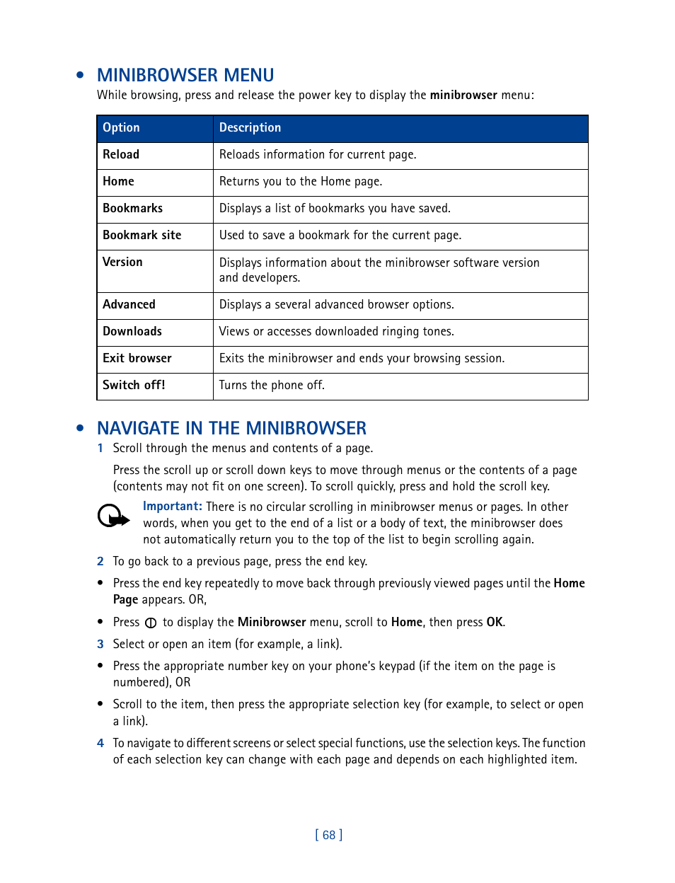 Minibrowser menu, Navigate in the minibrowser | Nokia 2270 User Manual | Page 73 / 201