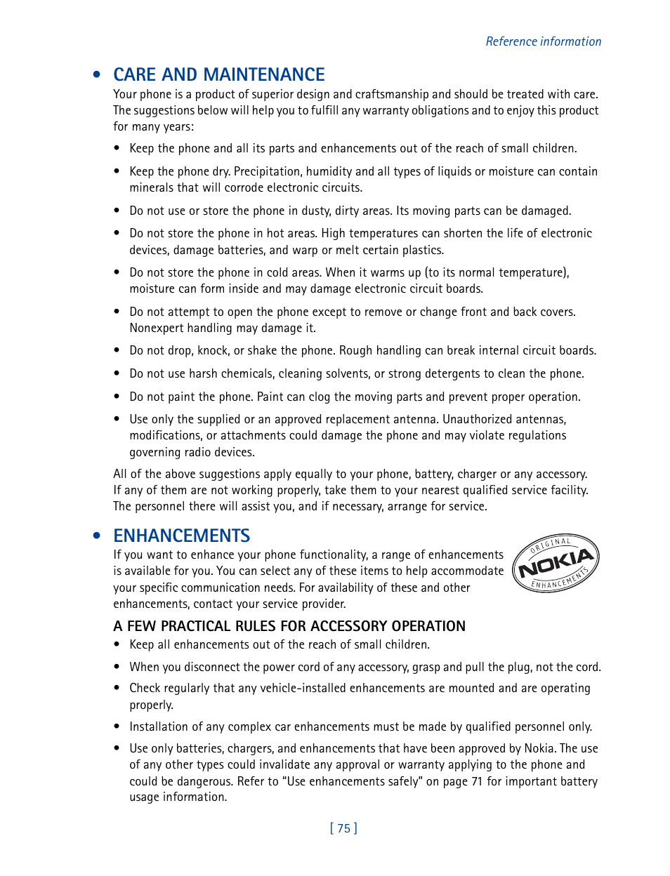 Care and maintenance, Enhancements | Nokia 2270 User Manual | Page 80 / 201