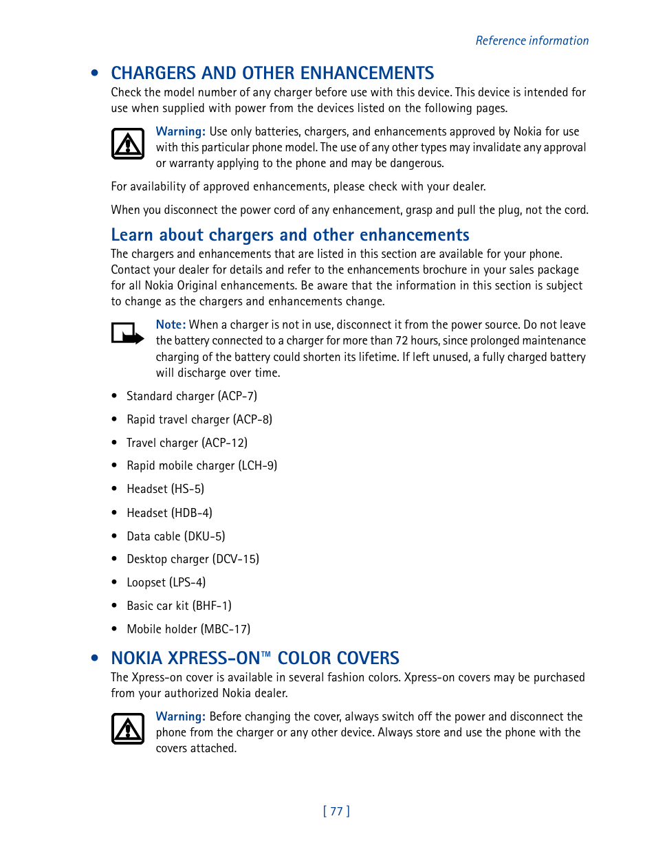 Chargers and other enhancements, Nokia xpress-on™ color covers, Learn about chargers and other enhancements | Nokia 2270 User Manual | Page 82 / 201