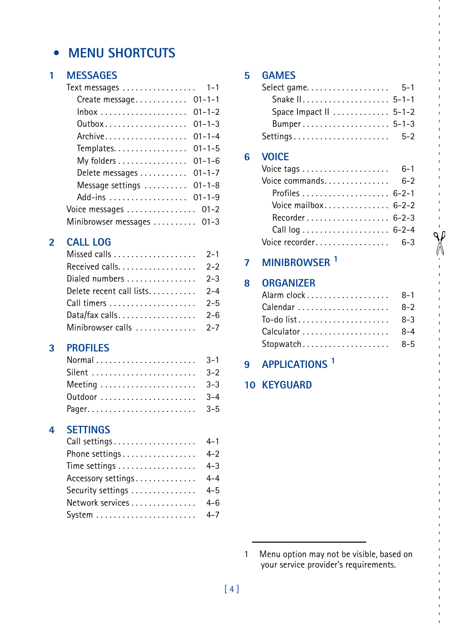 Menu shortcuts | Nokia 2270 User Manual | Page 9 / 201