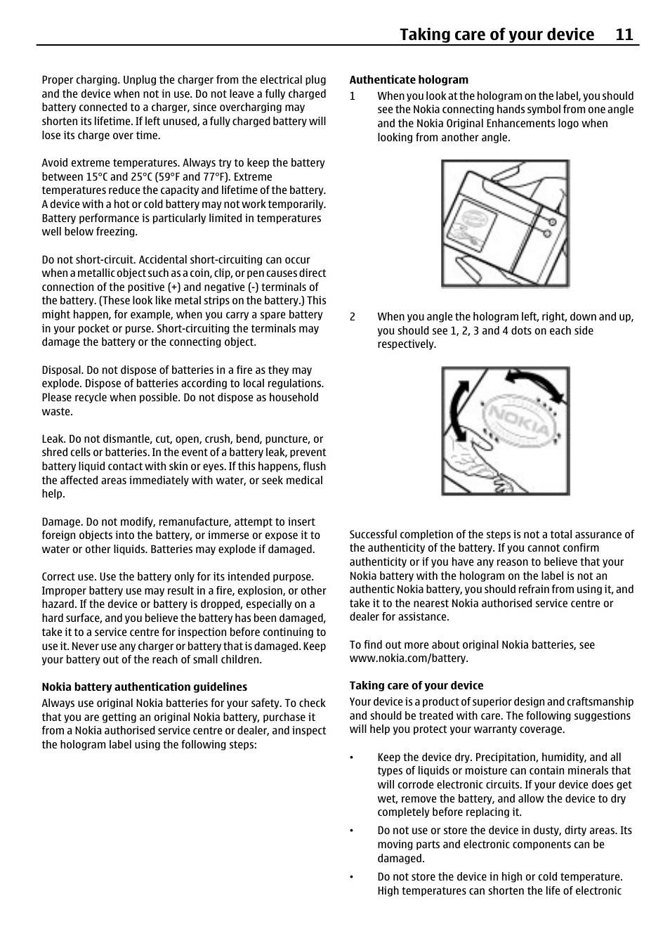 Nokia battery authentication guidelines, Authenticate hologram, Taking care of your device | Nokia battery authentication, Guidelines, Taking care of your device 11 | Nokia 1209 User Manual | Page 11 / 14