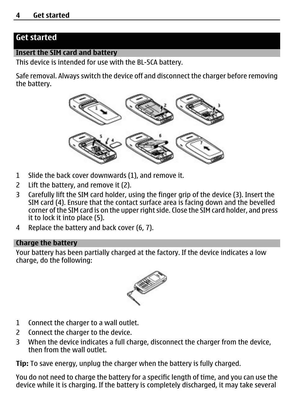 Get started, Insert the sim card and battery, Charge the battery | Nokia 1209 User Manual | Page 4 / 14