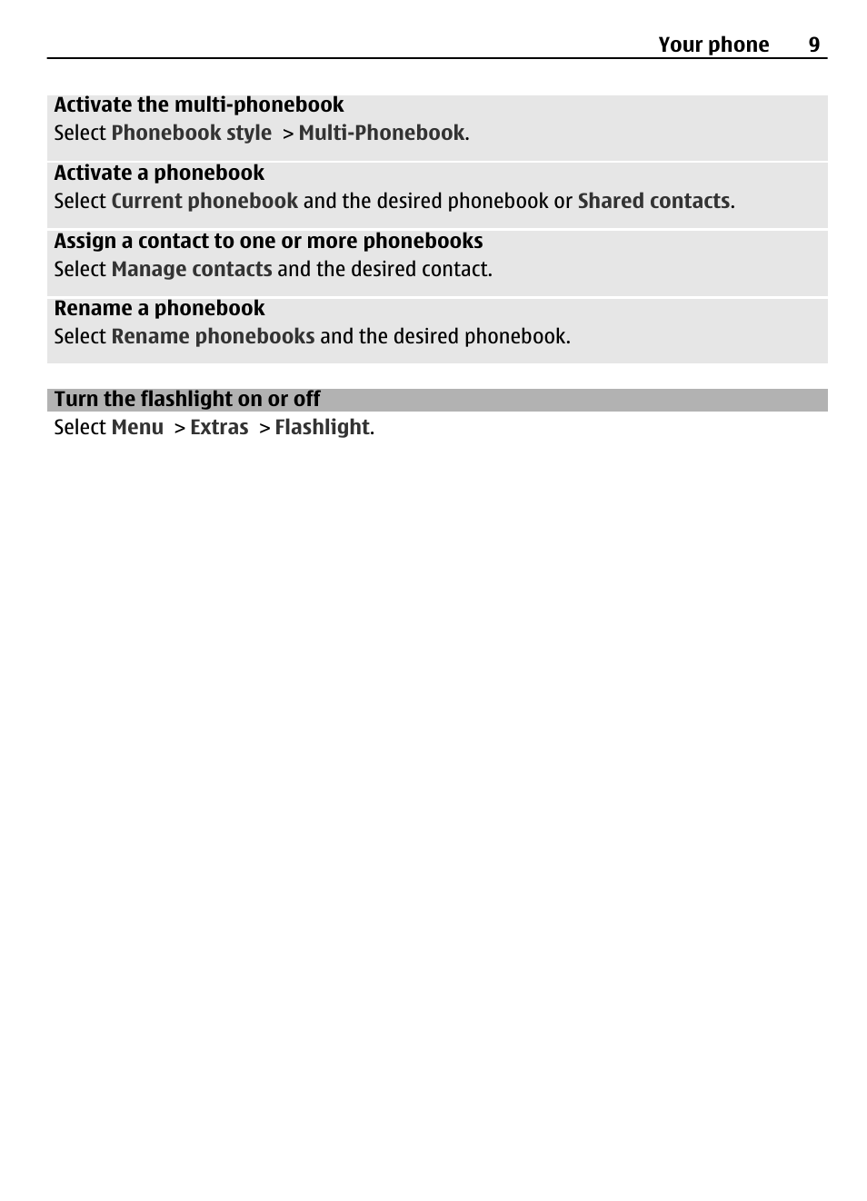 Turn the flashlight on or off | Nokia 1209 User Manual | Page 9 / 14