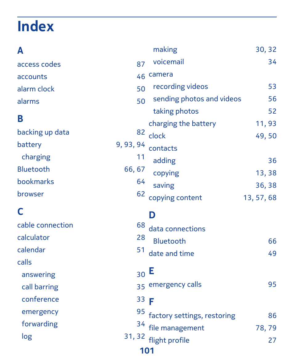 Index | Nokia 309 User Manual | Page 101 / 104