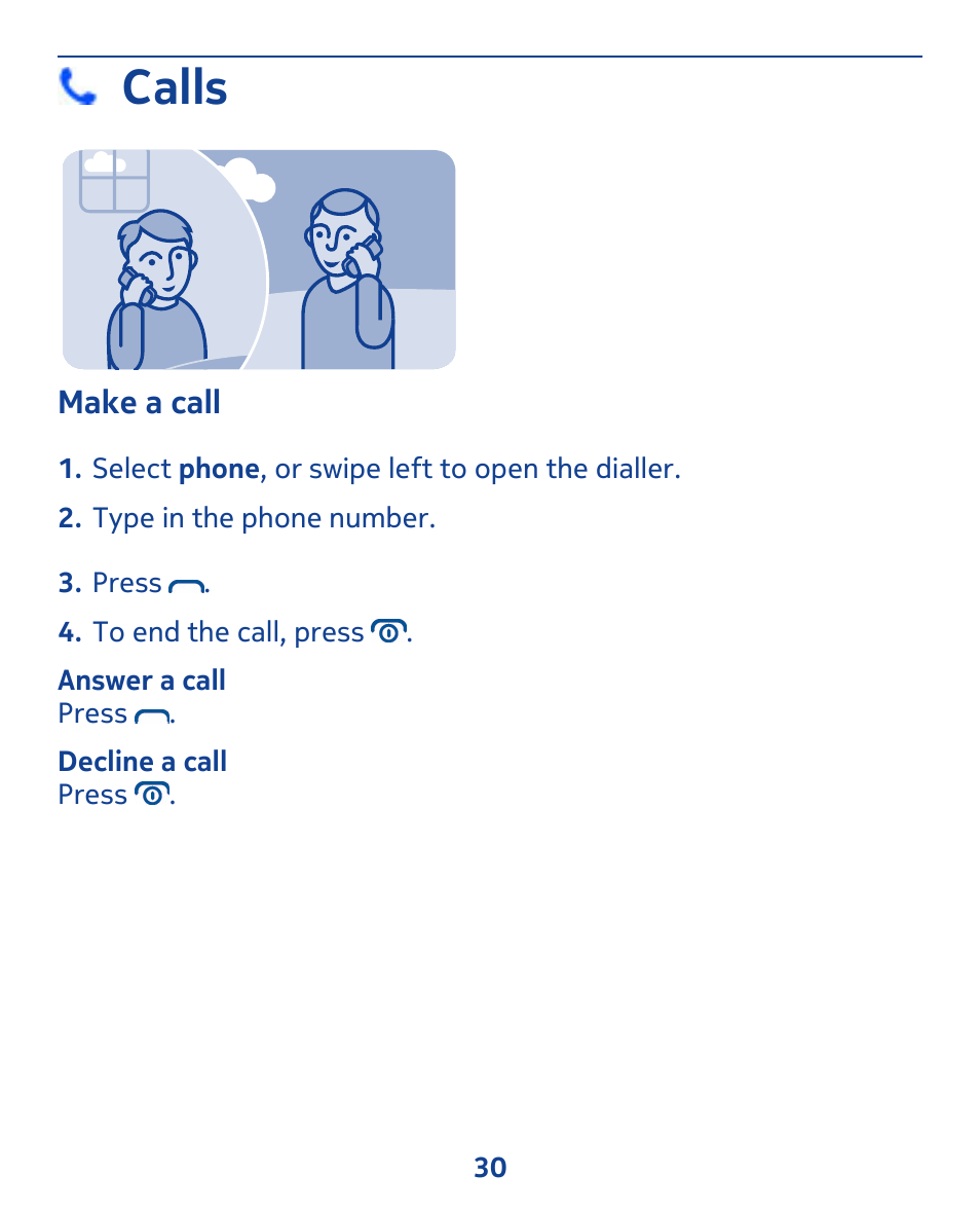 Calls, Make a call | Nokia 309 User Manual | Page 30 / 104