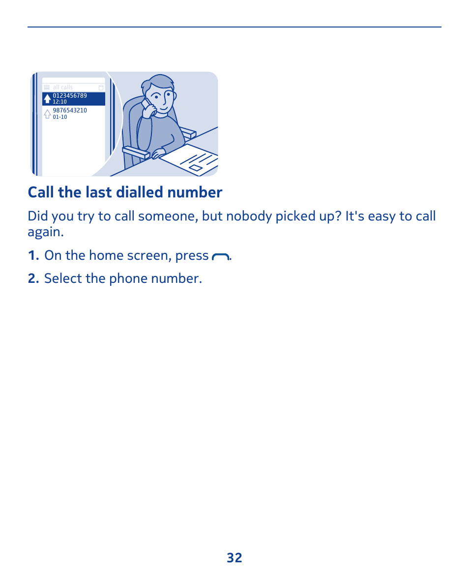 Call the last dialled number | Nokia 309 User Manual | Page 32 / 104