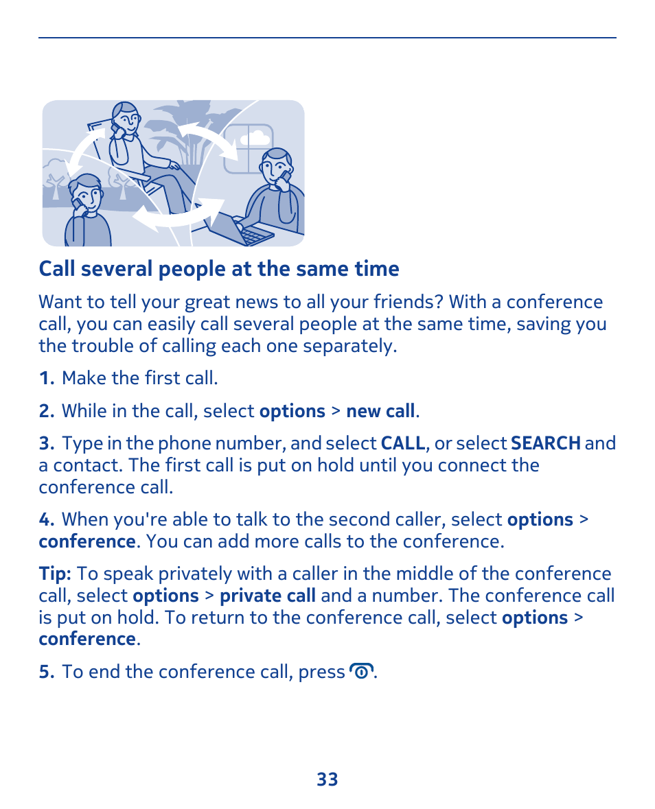 Call several people at the same time | Nokia 309 User Manual | Page 33 / 104
