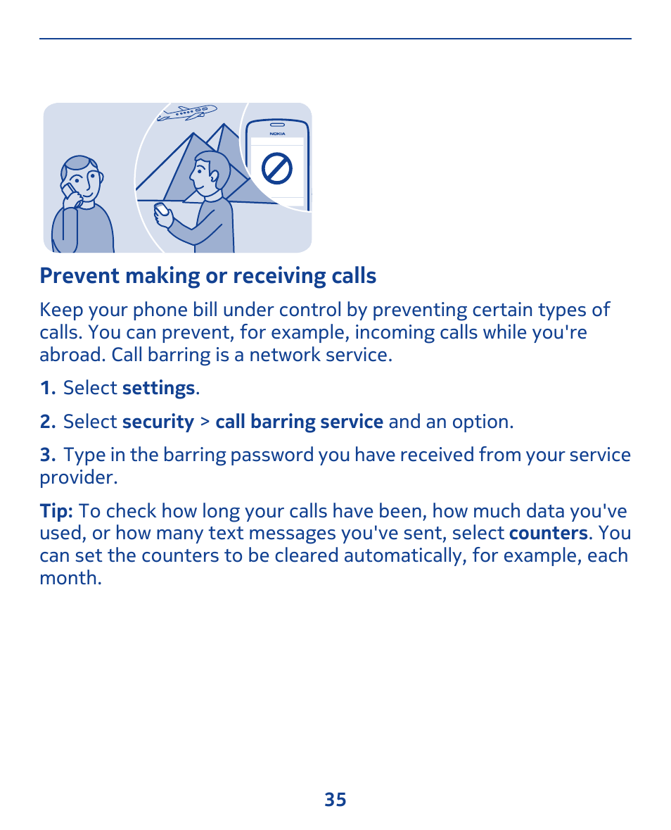 Prevent making or receiving calls | Nokia 309 User Manual | Page 35 / 104