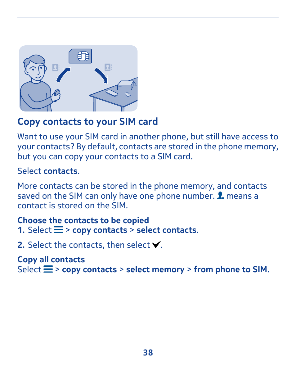 Copy contacts to your sim card | Nokia 309 User Manual | Page 38 / 104