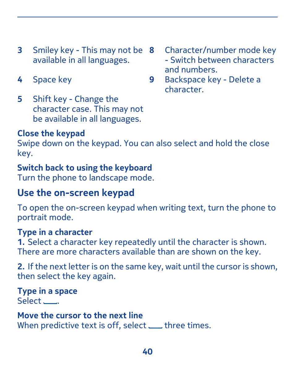 Use the on-screen keypad | Nokia 309 User Manual | Page 40 / 104