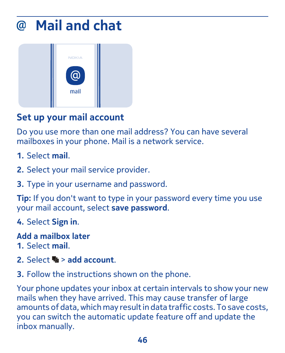 Mail and chat, Set up your mail account | Nokia 309 User Manual | Page 46 / 104