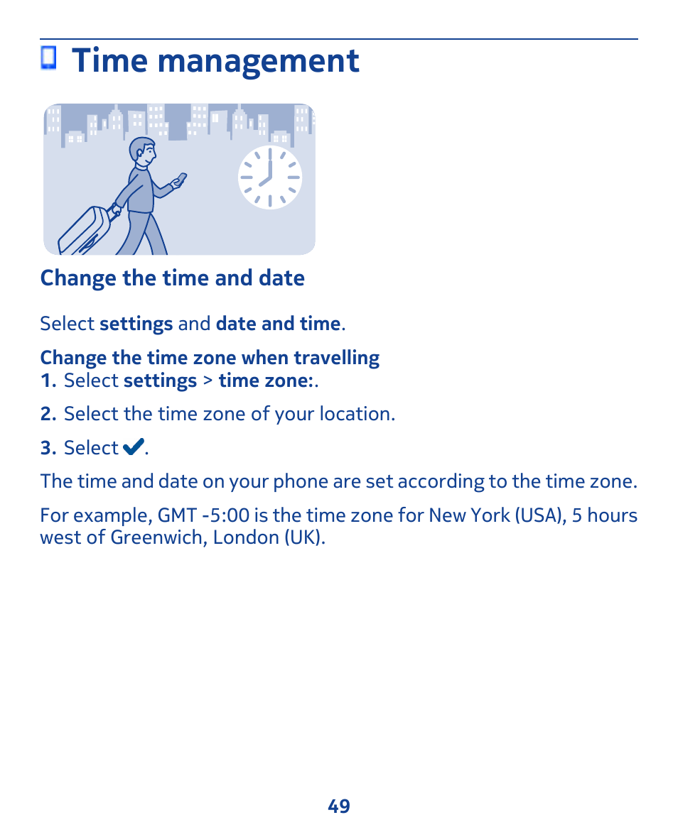 Time management, Change the time and date | Nokia 309 User Manual | Page 49 / 104