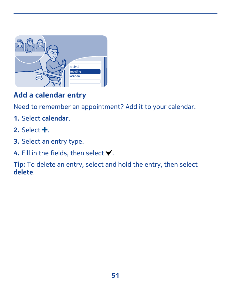 Add a calendar entry | Nokia 309 User Manual | Page 51 / 104